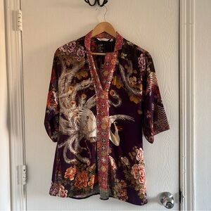 NWT Soft Surroundings Women’s Kimono Tunic Top XS | Floral Bird Print | Purple